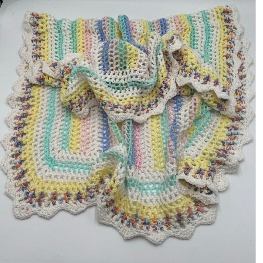 Hand Crocheted Baby Afghan Pastel Rainbow Blanket Scalloped Edge Nursery Decor